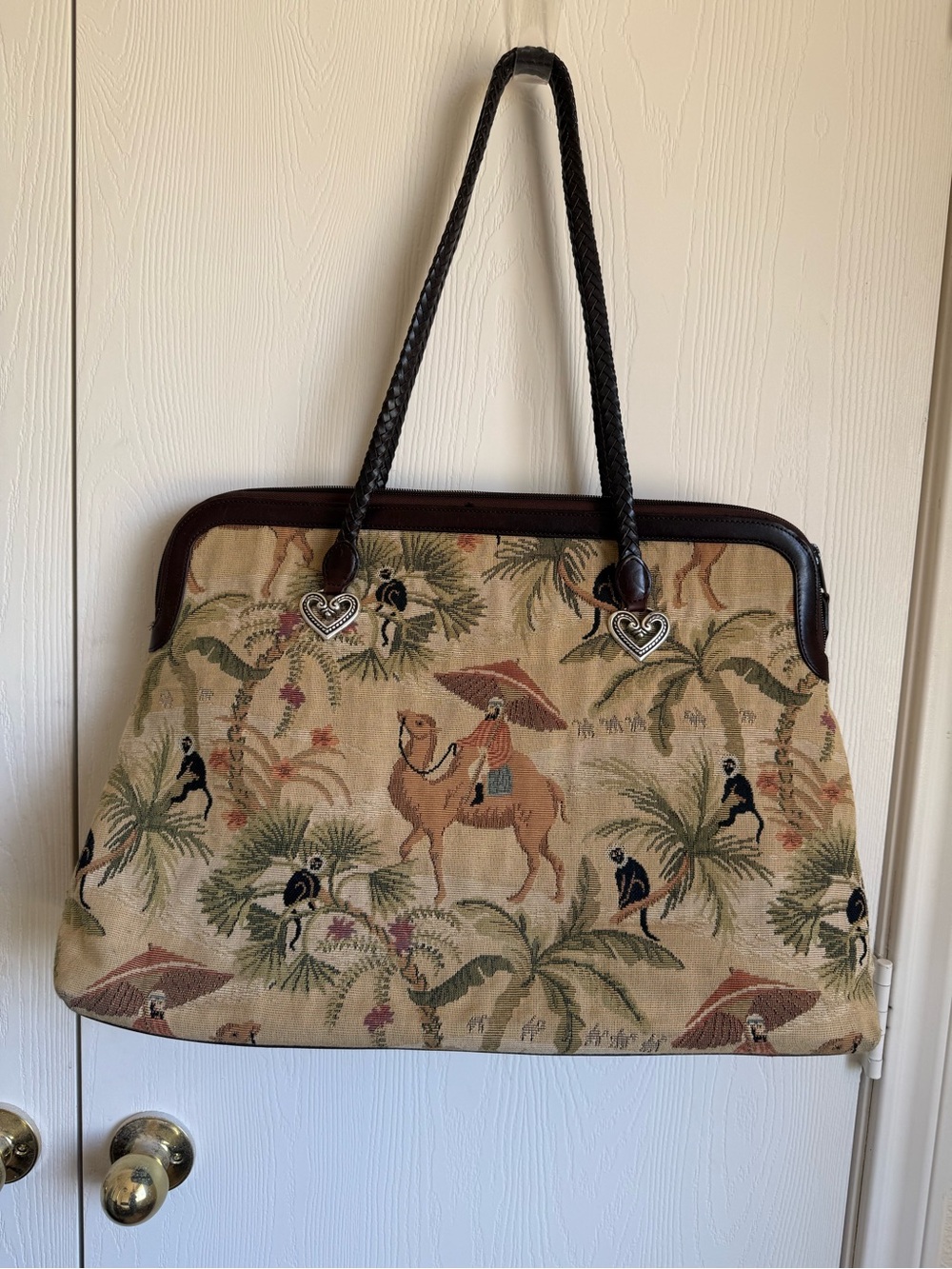 Brighton Beige Tapestry Camel-Print Tote with Dark Brown Trim